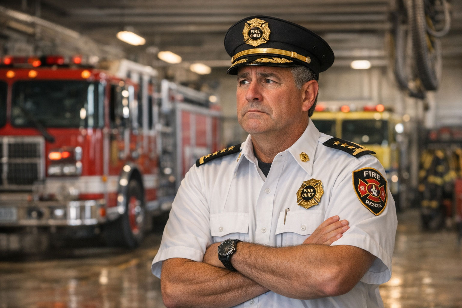 Fire-Chief-with-conderned-look concerned fire chief in station