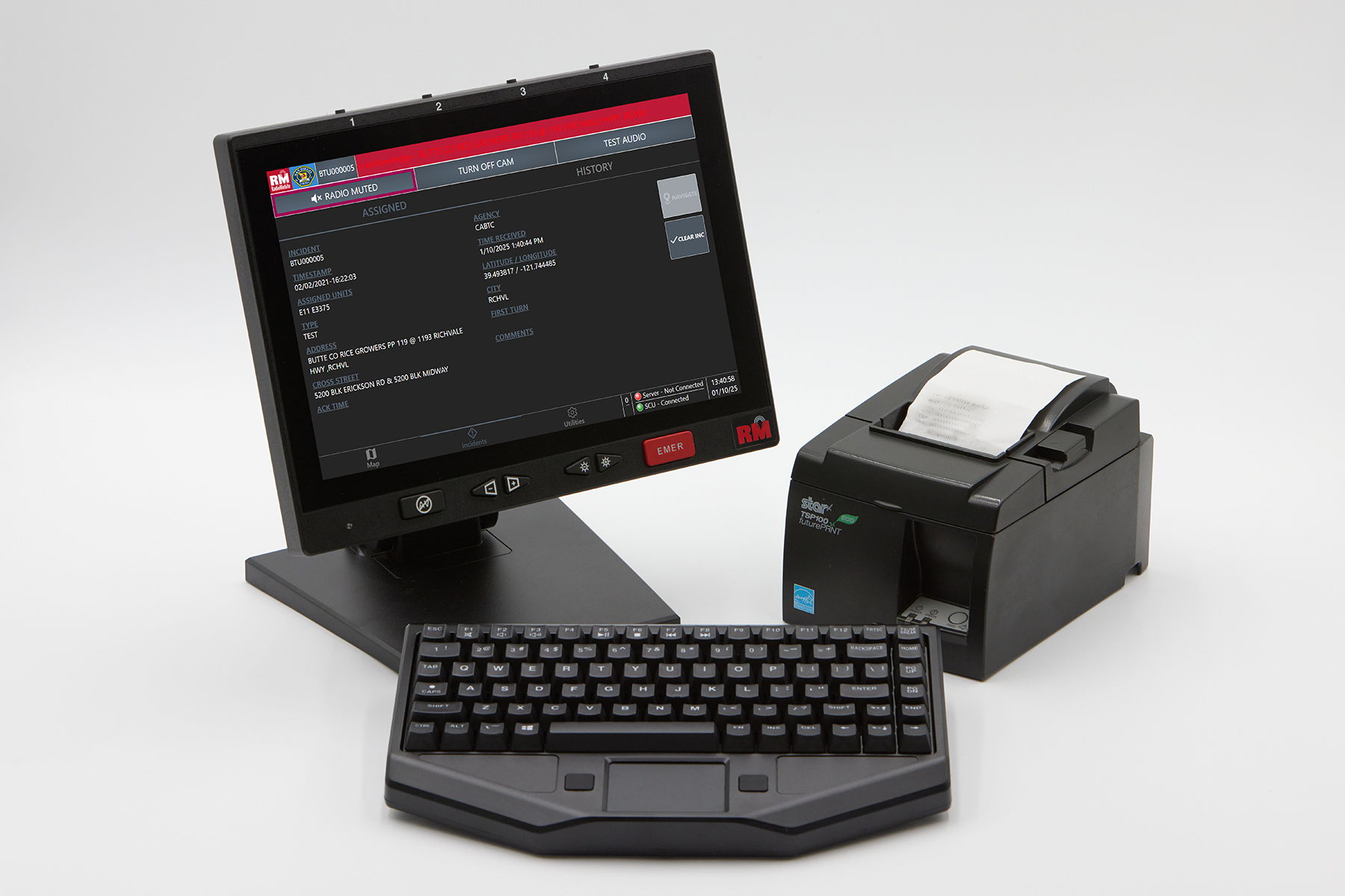 image (60) RadioMobile (RMI) fire station alerting Command Desk Terminal (CDT) with touchscreen, keyboard, and printer