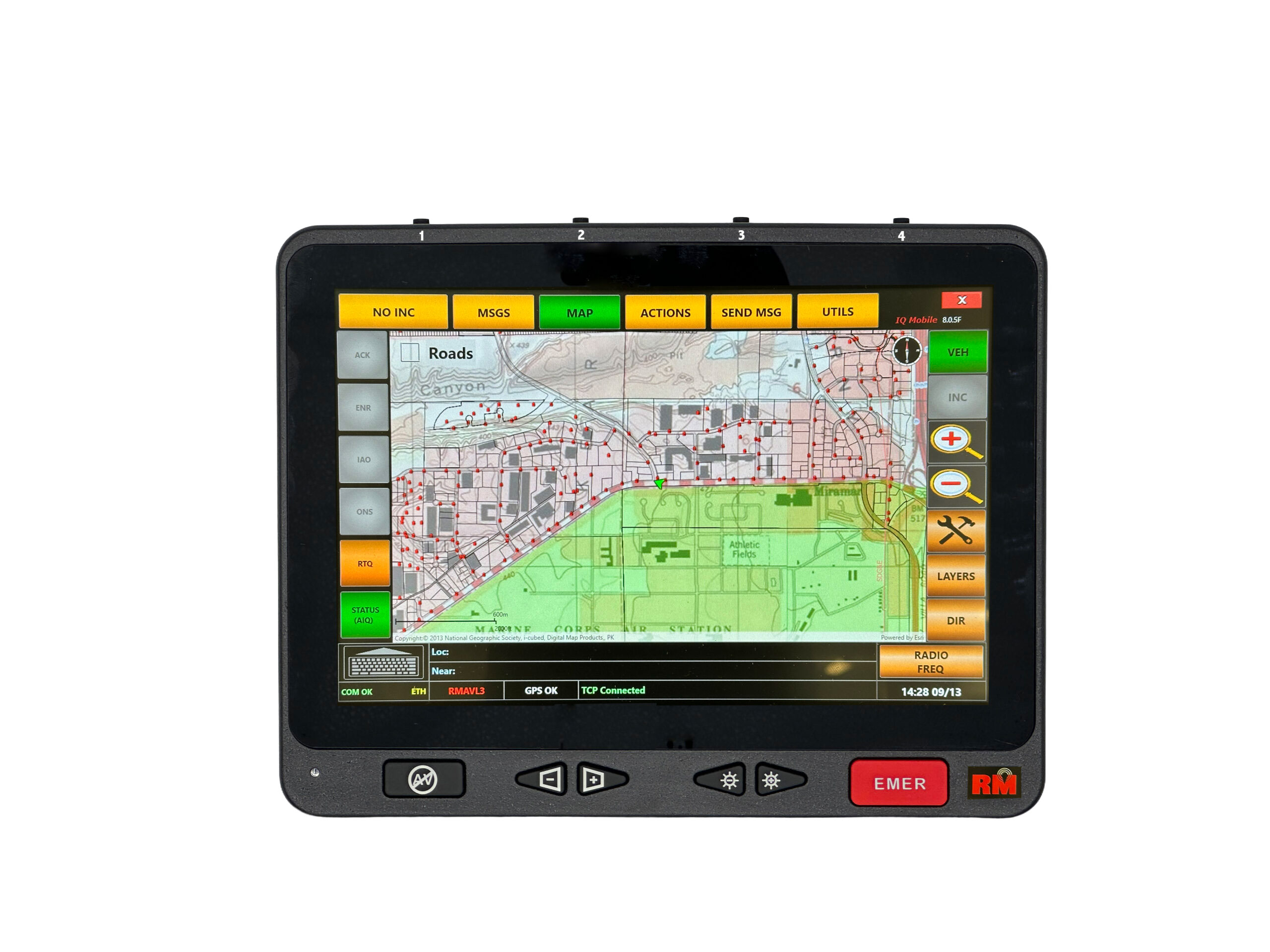 RadioMobile (RMI) mobile data computer displaying RMI AVL mapping and vehicle status information for emergency responders.
