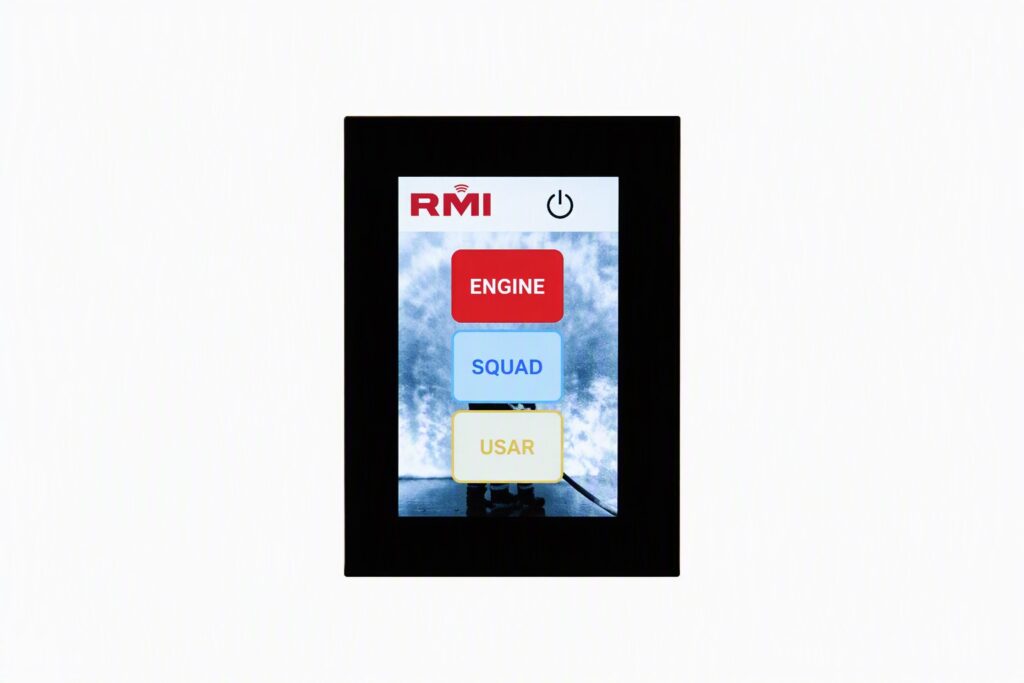 RadioMobile (RMI) Zone Selector Panel (ZSP) touchscreen for fire station alerting, displaying Engine, Squad, and USAR selection buttons.